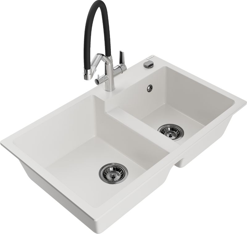 Zlewozmywak granitowy Mexen Tomas 2-komorowy z baterią kuchenną Duo biały - 6516-20-671701-70-B 1 szt.