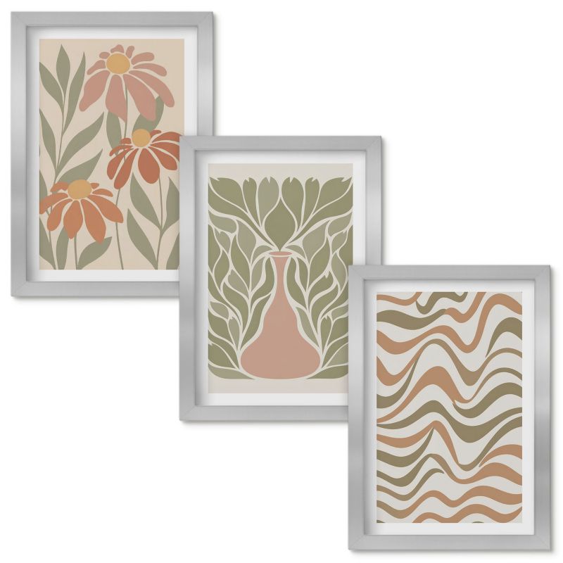 Obrazy do Salonu Wallfluent Pastelowe kwiaty abstrakcja Srebrna rama 20x30cm 3 szt.