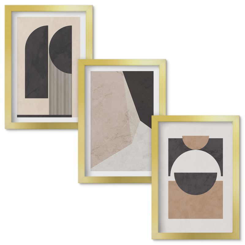 Zestaw obrazów Wallfluent Abstrakcyjne kształty beż brąz Złota rama 20x30cm 3 szt.