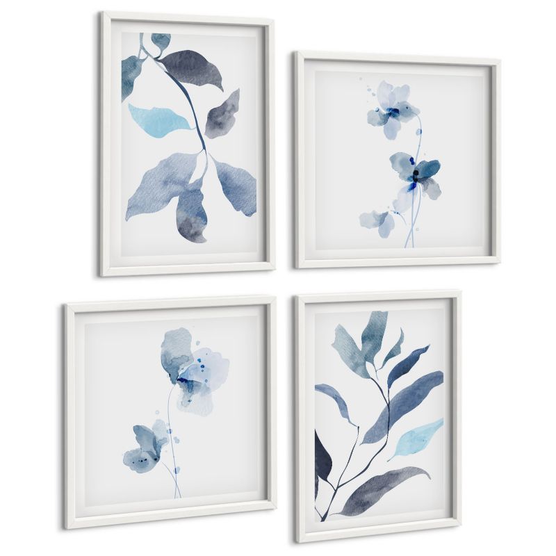 Zestaw Obrazów 4 Częściowy ArtPrintCave (2x50x50+2x40x60cm) Biała rama Niebieskie liście akwarela 1 kpl.
