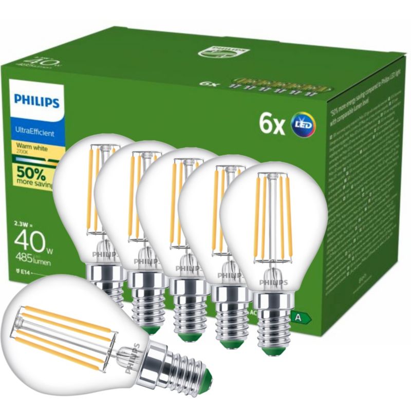 Żarówka LED Philips E14 Kulka P45 2.3W 485lm 2700K 300st Klasa A 6 szt.