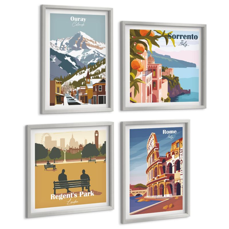 Zestaw 4 Obrazów ArtPrintCave (2x50x50+2x40x60cm) Srebrna rama Retro ilustracje znanych miejsc 1 kpl.