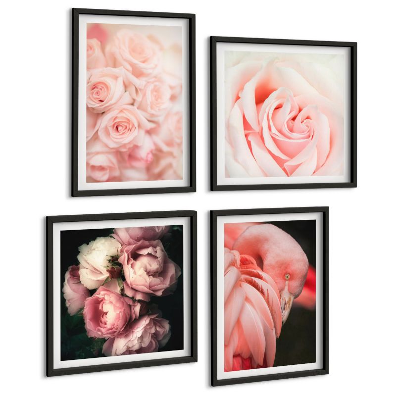 Komplet 4 Obrazów ArtPrintCave (2x50x50+2x40x60cm) Czarna rama Pastelowe róże flamingi 1 kpl.