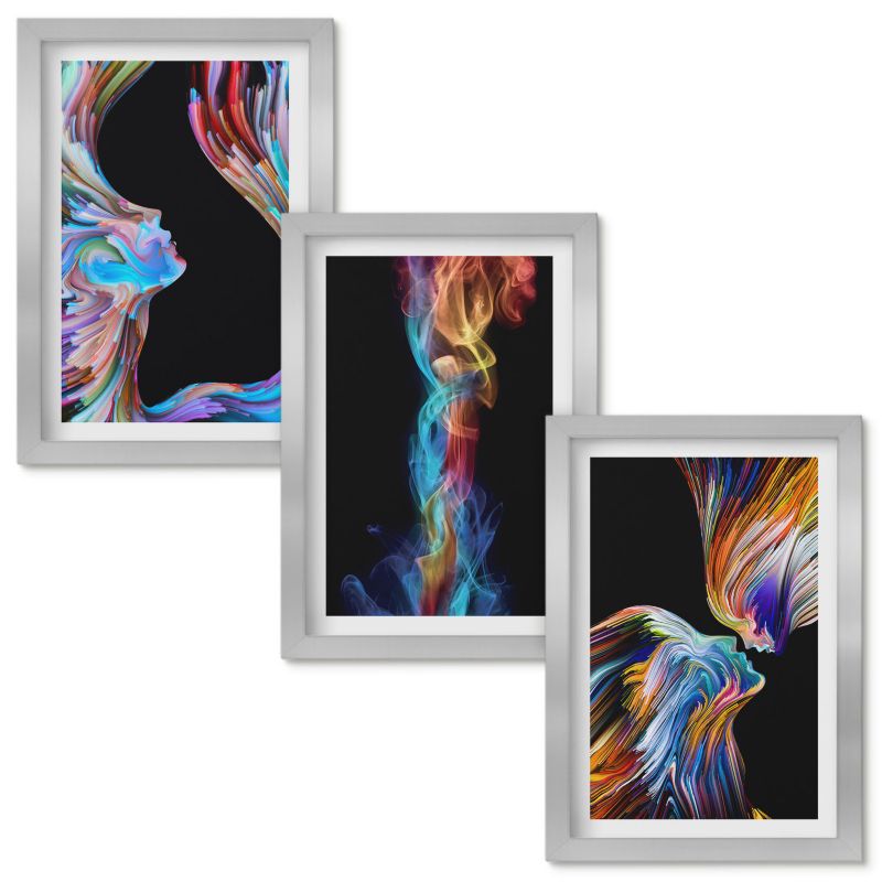 Set Obrazów w Ramie Wallfluent Kolorowe twarze abstrakcje Srebrna rama 20x30cm 3 szt.