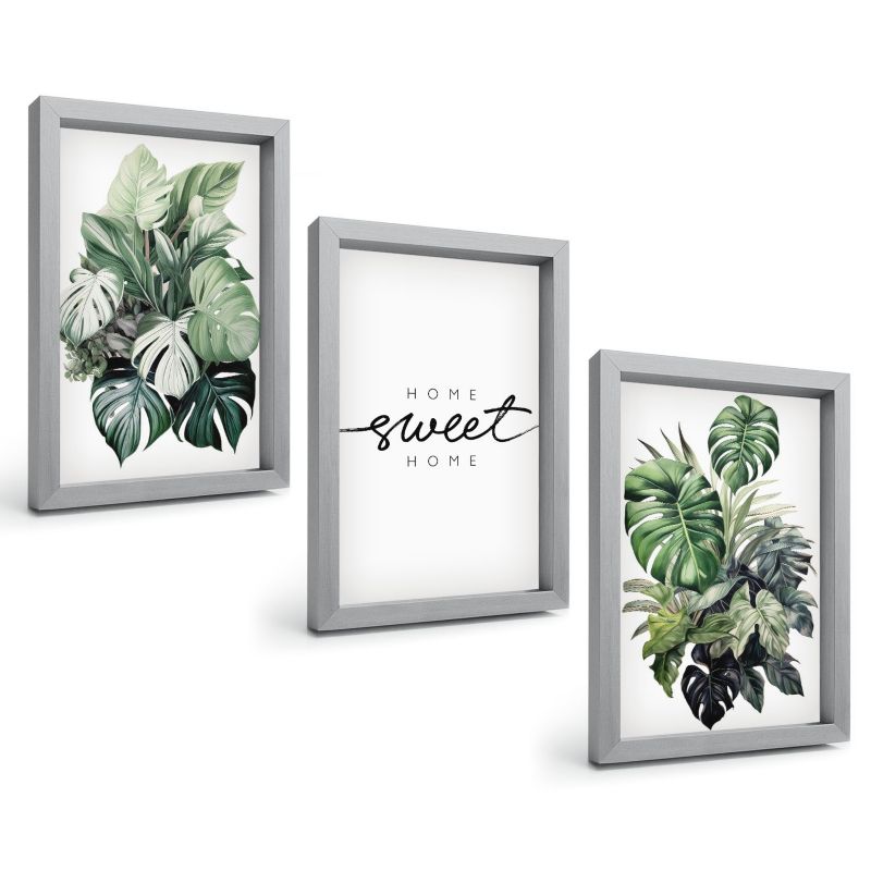 Zestaw Obrazów 3 Częściowy ArtPrintCave Srebrne Ramki 20x30 cm Dekoracja do Sypialni Rośliny z napisem Sweet Home 1 kpl.