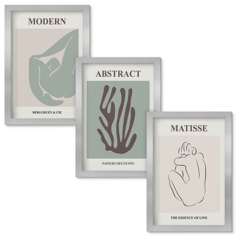 Obrazy do Salonu Wallfluent Stylowe abstrakcyjne obrazy Matisse Srebrna rama 20x30cm 3 szt.