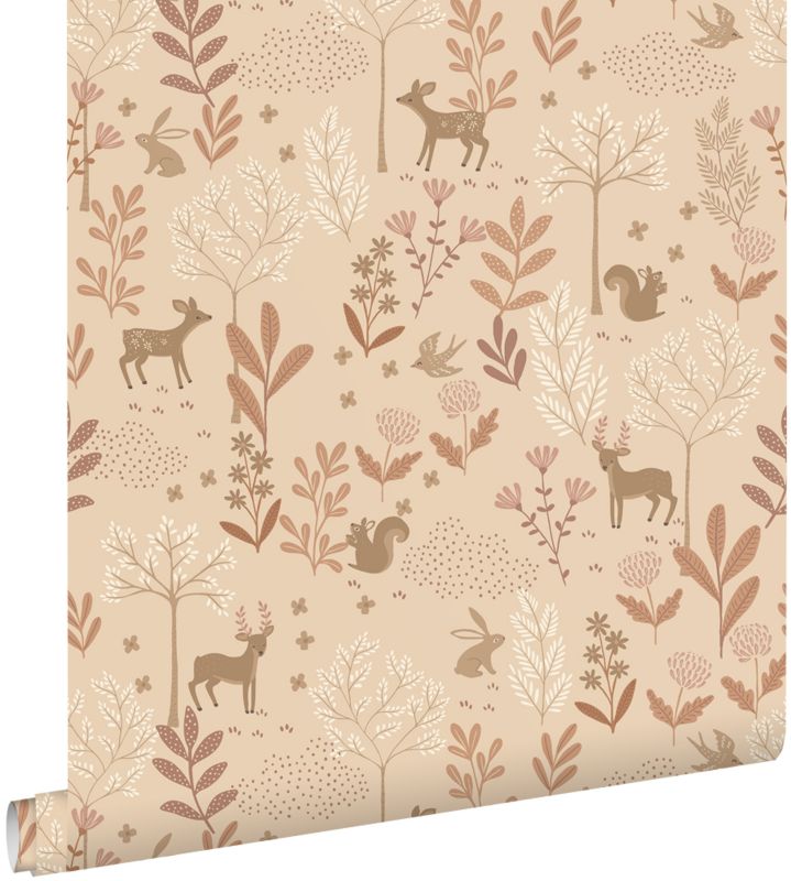 Tapeta ESTAhome las ze zwierzętami leśnymi jasnej terakoty 53 cm x 10.05 m - 1 rol.
