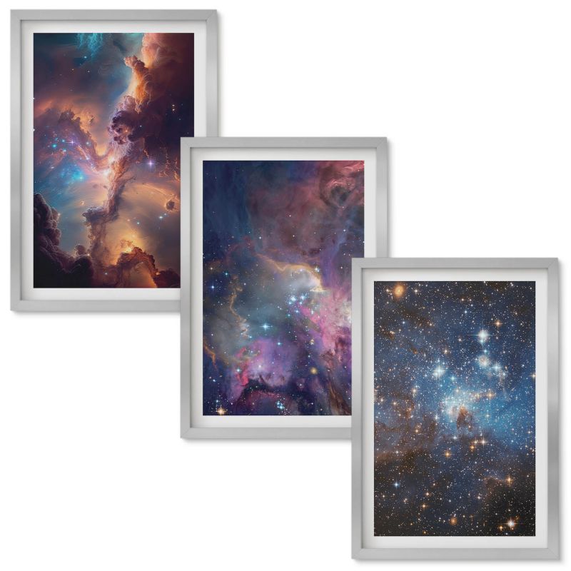 Zestaw obrazów Wallfluent Kosmiczne pejzaże gwiazd Srebrna rama 40x60 cm 3 szt.