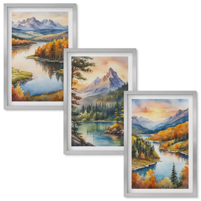 Obraz Ścienny Zestaw Wallfluent Górskie pejzaże z rzeką Srebrna rama 40x60 cm 3 szt.