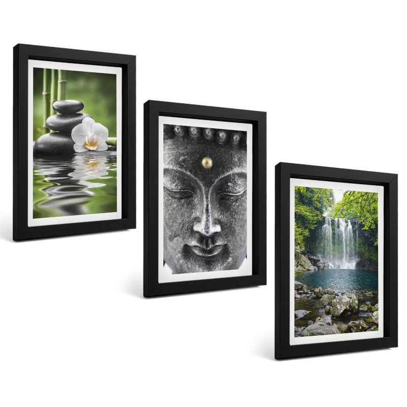 Komplet 3 Obrazów w Czarnej Ramie ArtPrintCave 20x30 cm Grafika Ścienna Harmonia kamienie woda Budda 1 kpl.