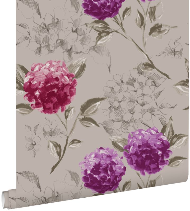 Tapeta ESTAhome hortensje taupeIbakłażanowym fioletowym 53 cm x 10.05 m - 1 rol.