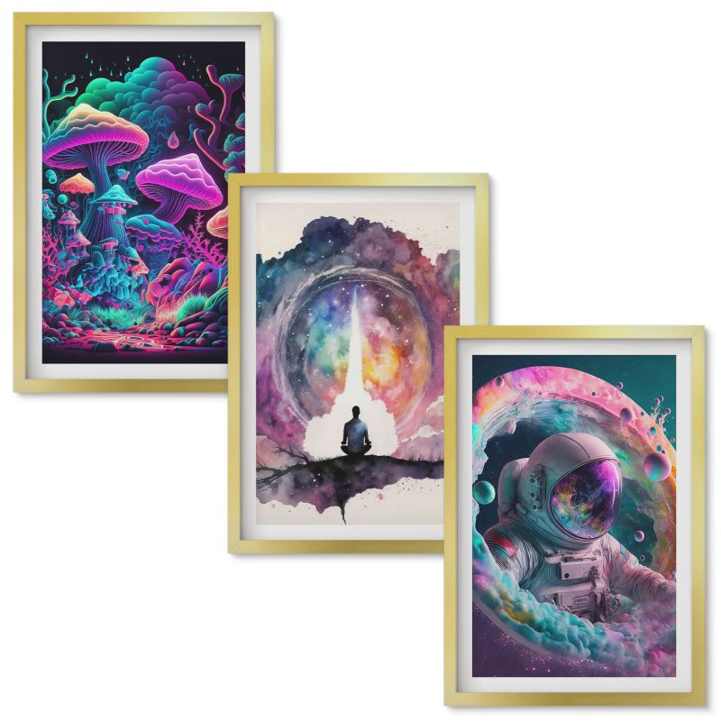 Set Obrazów w Ramie Wallfluent Kolorowe ilustracje fantasy sztuka Złota rama 40x60 cm 3 szt.