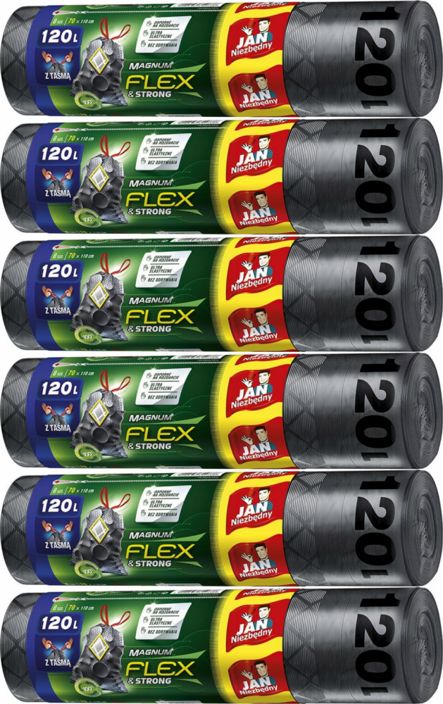 6x Worki na śmieci Jan Niezbędny Magnum Flex&Strong, z taśmą, na odpady zmieszane, 120l, 8 sztuk, grafitowy