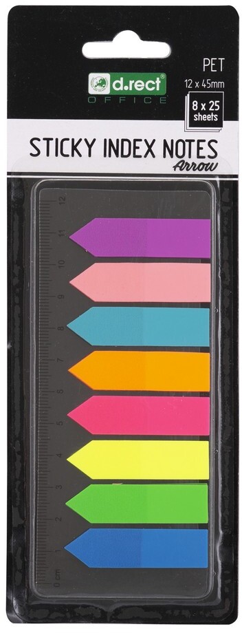 Zakładki samoprzylepne z linijką D.Rect, strzałki, indeksujące, folia, 12x45mm, 8x25 sztuk, mix kolorów neonowych