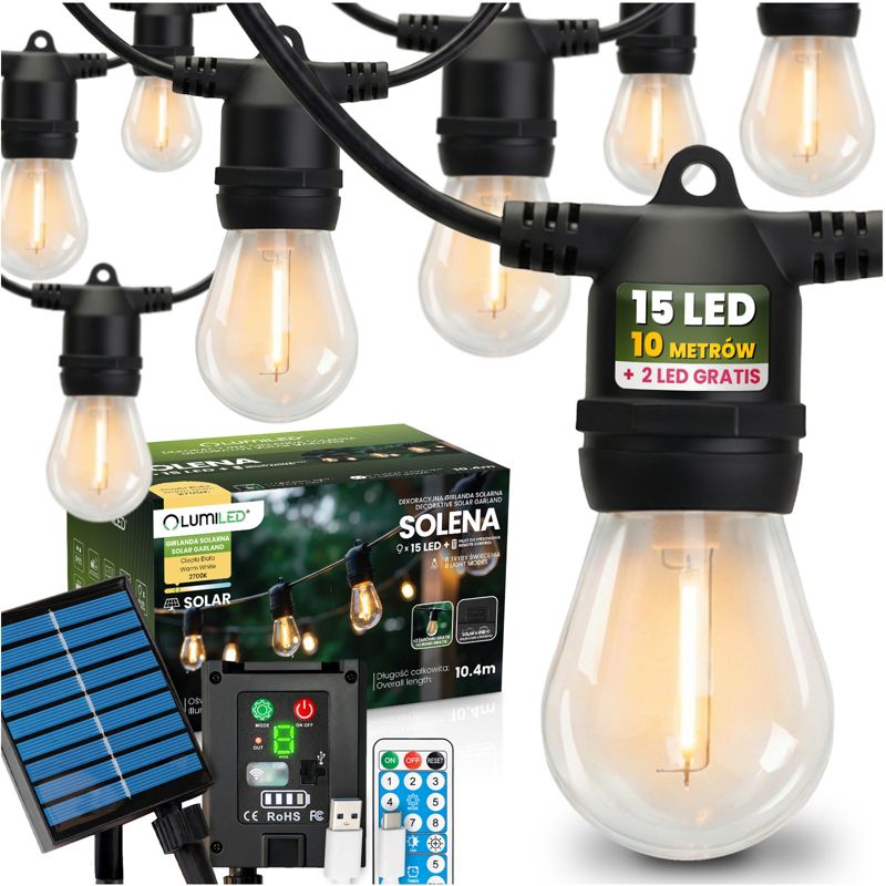 Girlanda Solarna Lumiled Ogrodowa 15x LED Ozdobne Żarówki 10.4m 2700K z Pilotem 1 szt.