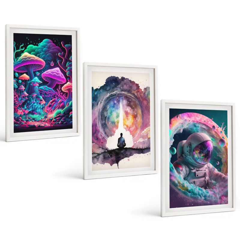 Zestaw 3 Obrazów w Białej Ramie ArtPrintCave 40x60 cm Galeria Ścienna Kolorowe ilustracje fantasy sztuka 1 kpl.