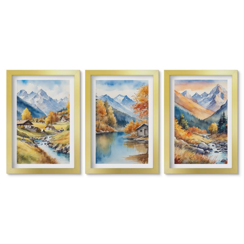 Zestaw 3 obrazów w złotej ramie Tulup 20x30 cm Jesienne góry rzeka domki Stylowa galeria nad biurko 1 kpl