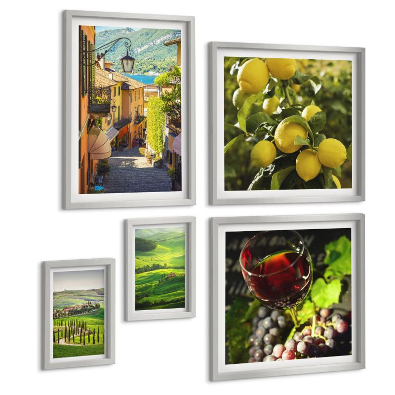 Zestaw 5 Obrazów ArtPrintCave (2x50x50+2x20x30+40x60cm) Srebrna rama Włoskie krajobrazy cytrusy wzgórza 1 kpl.