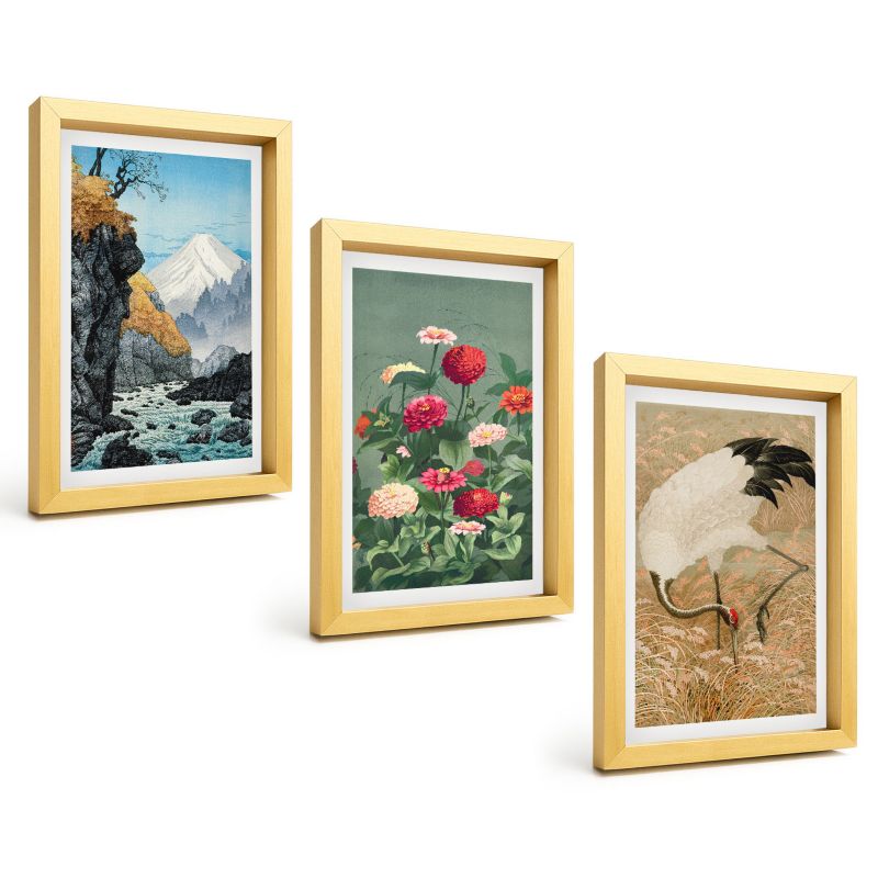 Zestaw 3 Obrazów w Złotej Ramie ArtPrintCave 20x30 cm Galeria Ścienna Góry krajobraz rzeka kwiaty żurawie 1 kpl.