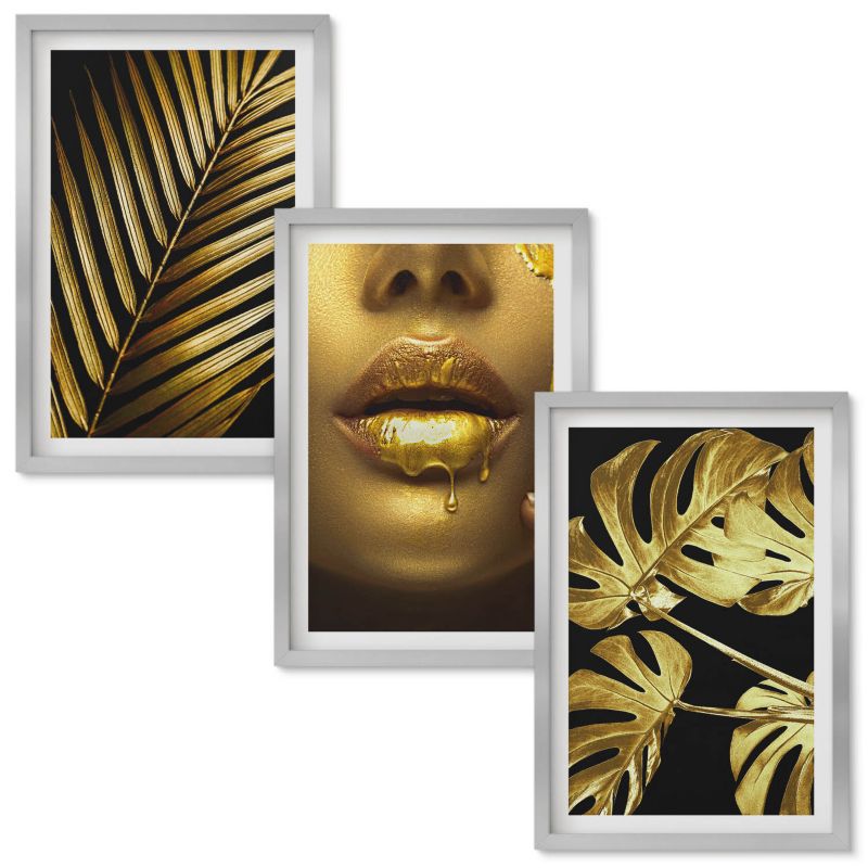 Zestaw obrazów Wallfluent Palma monstera usta kobiety Srebrna rama 40x60 cm 3 szt.