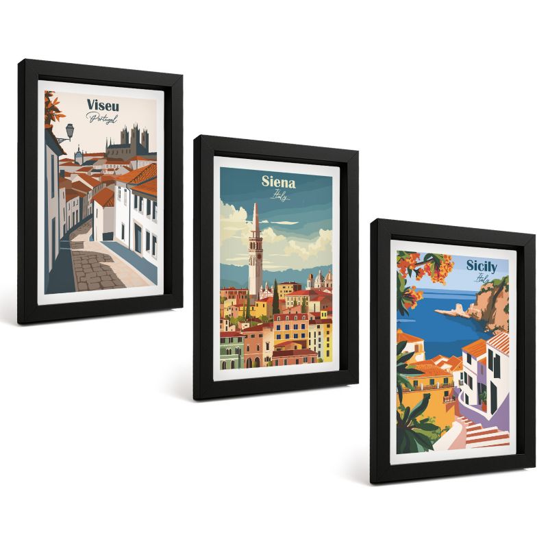 Komplet 3 Obrazów w Czarnej Ramie ArtPrintCave 20x30 cm Grafika Ścienna Retro ilustracje miast świata 1 kpl.