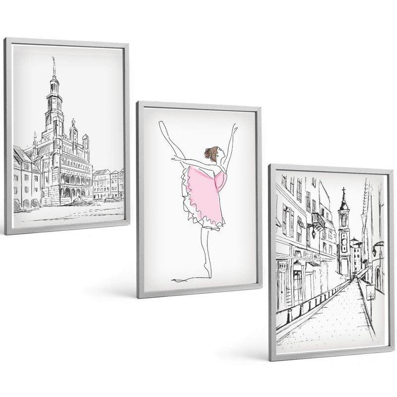 Komplet 3 Obrazów w Srebrnej Ramie ArtPrintCave 40x60 cm Grafika Ścienna Stylowe baletnice i architektura 1 kpl.