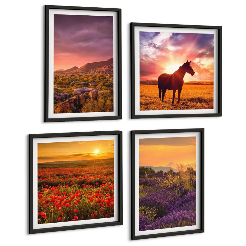 Galeria 4 Obrazów ArtPrintCave (2x50x50+2x40x60cm) Czarna rama Krajobraz górski koń lawenda 1 kpl.