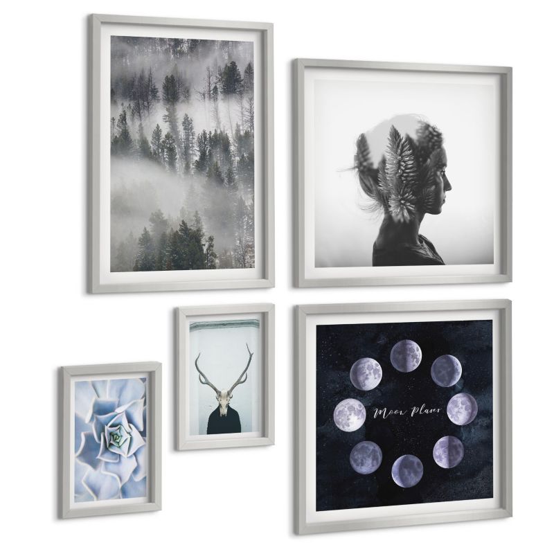 Galeria 5 Obrazów ArtPrintCave (2x50x50+2x20x30+40x60cm) Srebrna rama Las mgła księżyc czaszka kobieta 1 kpl.