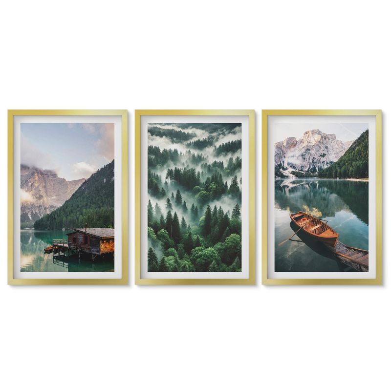 Zestaw 3 obrazów pionowych Tulup 40x60 cm Górskie jezioro łódka las mgła Obrazy w złotej ramie 1 kpl
