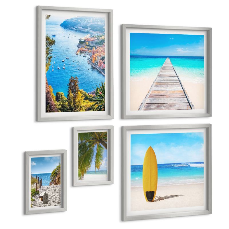 Komplet 5 Obrazów ArtPrintCave (2x50x50+2x20x30+40x60cm) Srebrna rama Wakacyjne widoki plaża palmy 1 kpl.