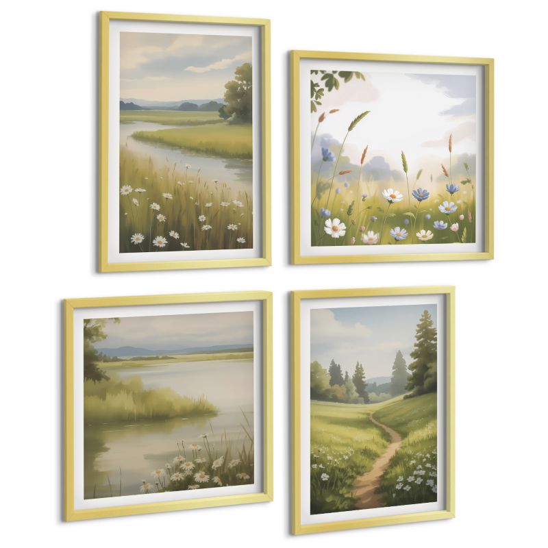 Komplet 4 Obrazów ArtPrintCave (2x50x50+2x40x60cm) Złota rama Wiosenny krajobraz rzeka łąka 1 kpl.