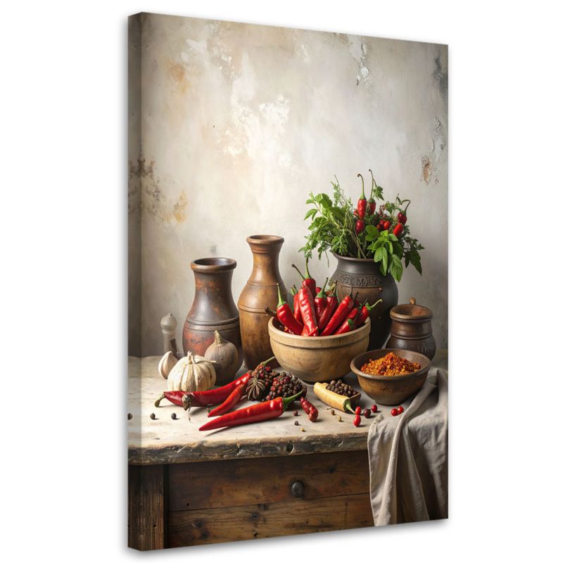 Obraz do kuchni jadalni restauracji Feeby Papryczki chili czosnek dzbanki 70x100cm 1szt