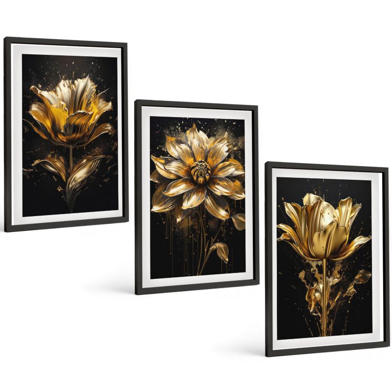 Galeria 3 Obrazów w Czarnej Ramie ArtPrintCave 40x60 cm Komplet ścienny Kwiaty żółte ciemne tło 1 kpl.