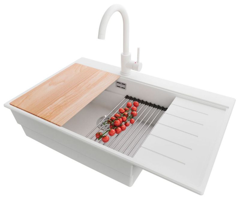 Zlewozmywak Granitowy Sydney Ergo PRIMAGRAN Nablatowy 78x50cm do Szafki od 60cm, Biały + Bateria 32x20cm + Syfon, S561, 1 szt.