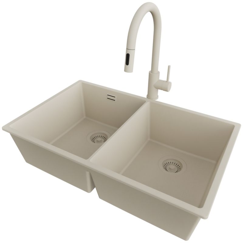 Zlewozmywak podblatowy Londyn Twin PRIMAGRAN 76x47cm do Szafki od 80cm, Cały Beżowy + Bateria 40x20cm + Syfon, S026, 1 szt.