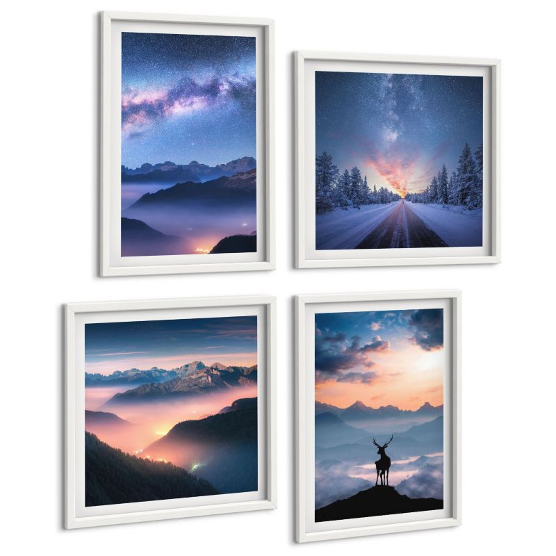 Czteroczęściowy Zestaw Obrazów ArtPrintCave (2x50x50+2x40x60cm) Biała rama Nocne niebo góry mgła jeleń 1 kpl.
