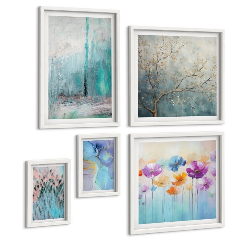 Zestaw Obrazów 5 Częściowy ArtPrintCave (2x50x50+2x20x30+40x60cm) Biała rama Sceneria latarni morska dziewczyna 1 kpl.