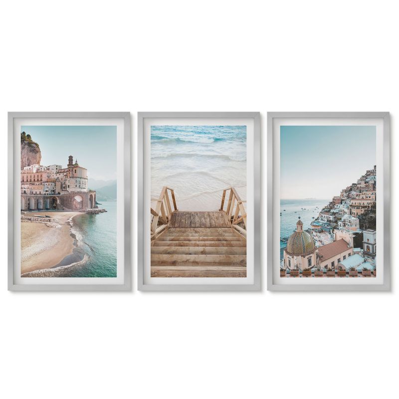 Zestaw 3 obrazów w srebrnych ramach Tulup 40x60 cm Letnie pastelowe widoki plaża Tryptyk 1 kpl