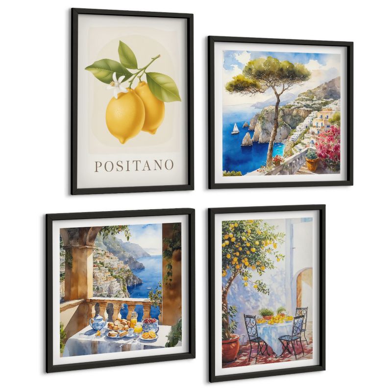 Komplet 4 Obrazów ArtPrintCave (2x50x50+2x40x60cm) Czarna rama Widoki Positano cytryny architektura 1 kpl.