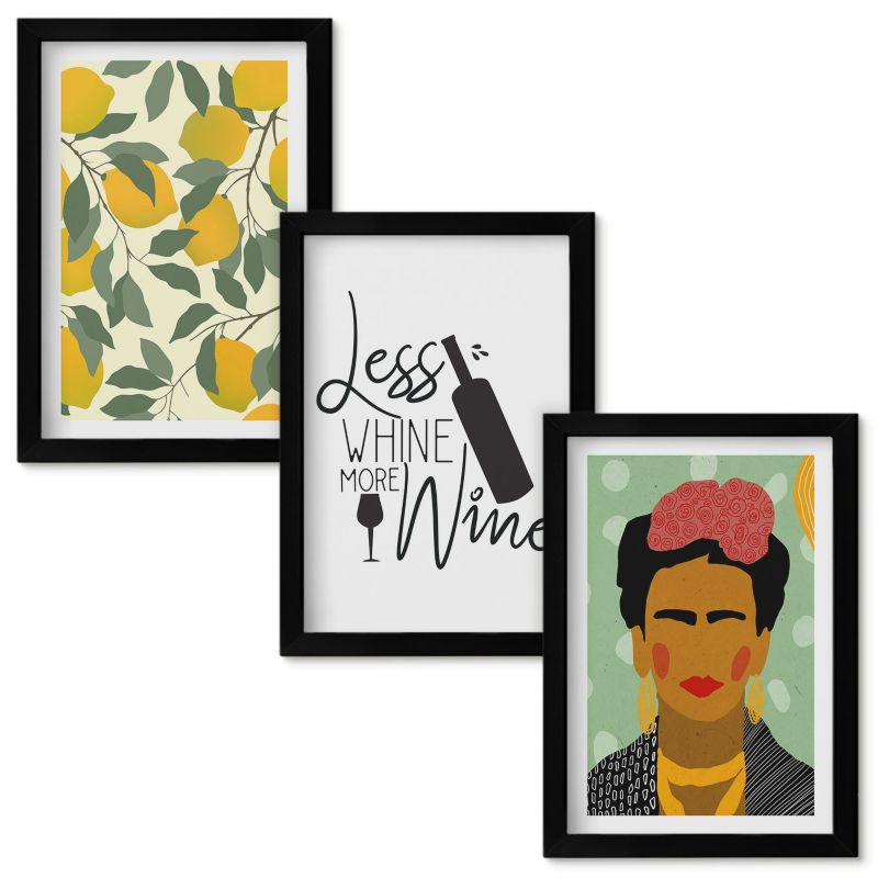 Set Obrazów w Ramie Wallfluent Cytryny wino portret Fridy Czarna rama 20x30cm 3 szt.