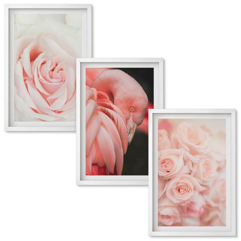 Set Obrazów w Ramie Wallfluent Pastelowe róże flamingi delikatnie Biała rama 40x60 cm 3 szt.