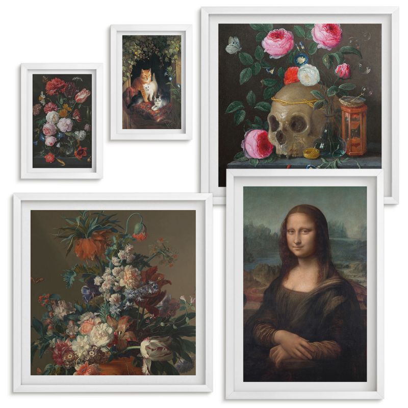 Zestaw Obrazów w Ramie Wallfluent Vintage kwiaty czaszka Mona Lisa Biała rama 5 szt.