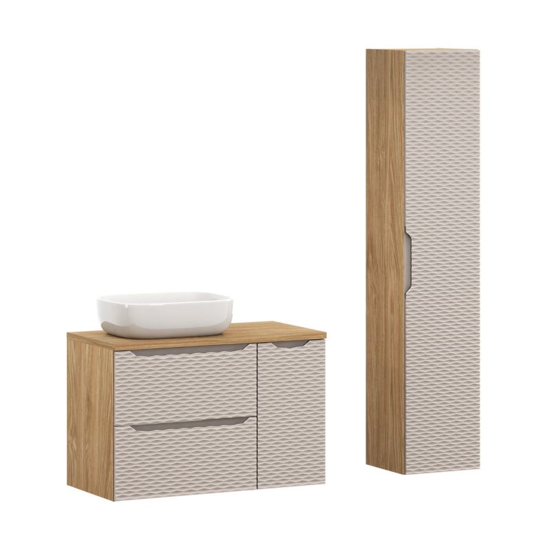 Zestaw mebli łazienkowych Comad Ocean Beige 90cm z blatem, umywalką nablatową Smile i szafką wysoką 1szt