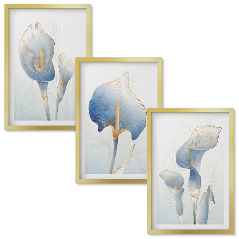 Tryptyk Obrazów w Ramie Wallfluent Błękitne kwiaty na tle Złota rama 40x60 cm 3 szt.