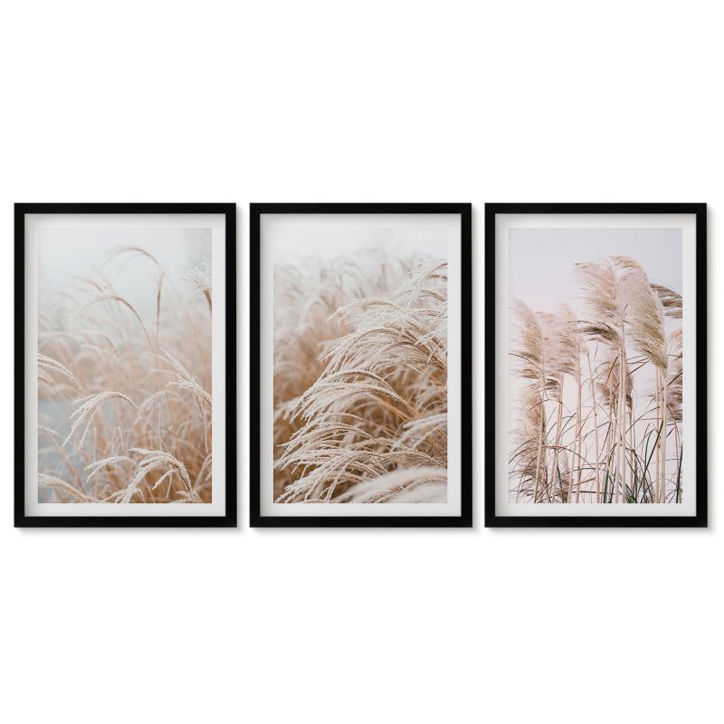 Zestaw 3 obrazów w czarnej ramie Tulup 40x60 cm Pola traw w brązie i beżu Obrazy nad biurko zestaw czarna rama 1 kpl