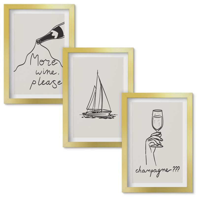 Set Obrazów w Ramie Wallfluent Wino żaglówka kieliszek line-art Złota rama 20x30cm 3 szt.