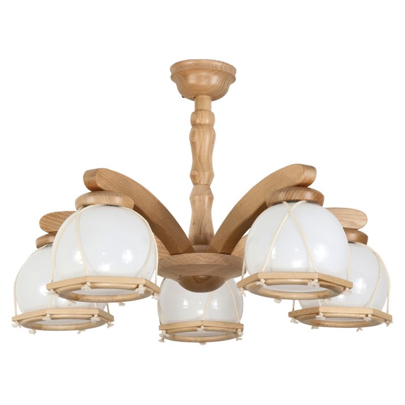 Lampa wisząca sufitowa EDYLIT rustykalna drewniana białe klosze 5xE27 RZEMYK NATURAL 4-150/7 1 szt.