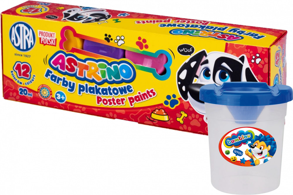 Zestaw: Farby plakatowe Astra Astrino, 20ml, 12 sztuk + Kubek do wody i farb Bambino Zwierzaki Uczniaki, z blokadą wylania