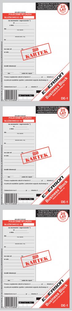3x Druk akcydensowy Delegacja-polecenie wyjazdu służbowego Emerson DE-1, A5, offsetowy, 80k 1 bloczek