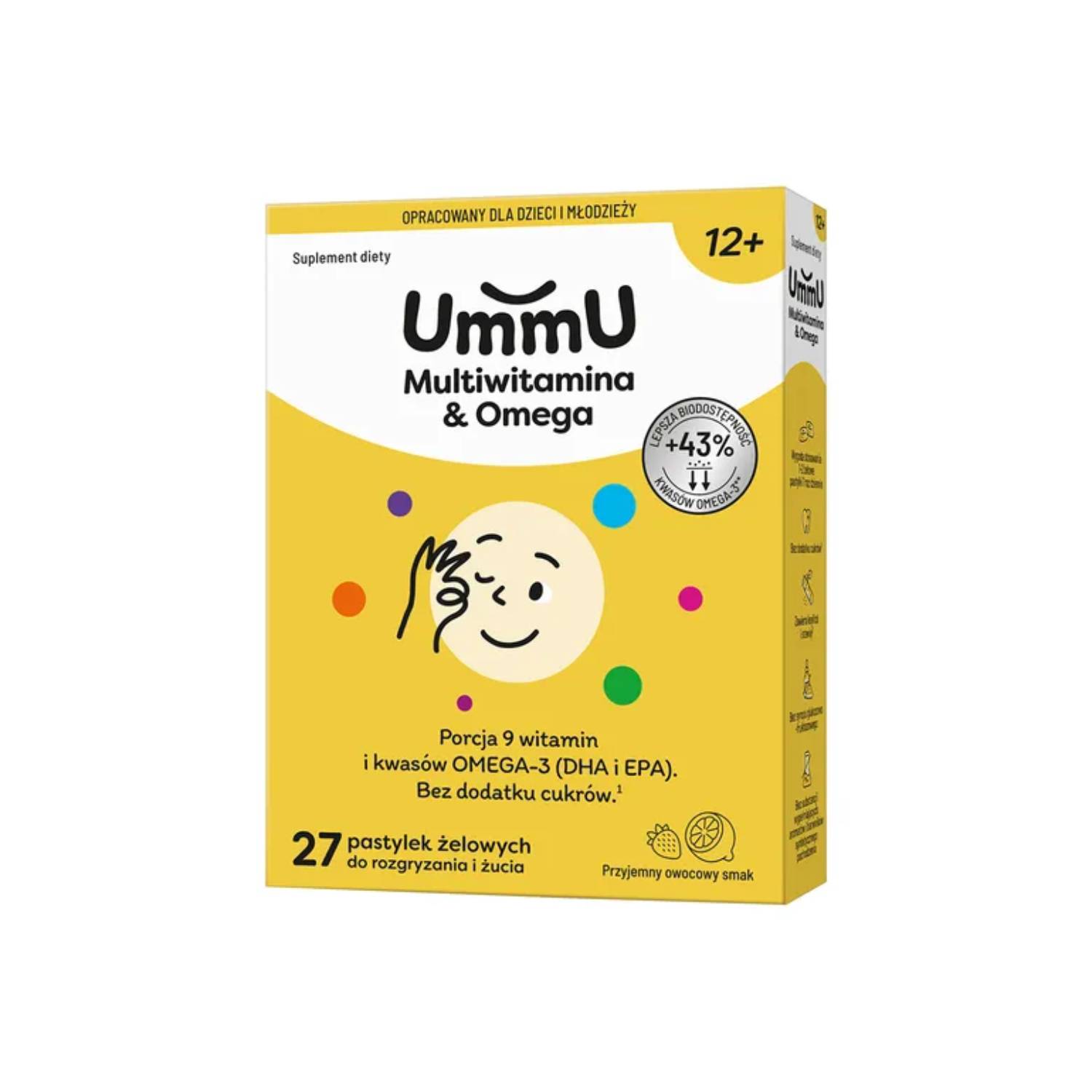 Ummu multiwitamina omega 12+, smak owocowy, 27 pastylek do rozgryzania i żucia